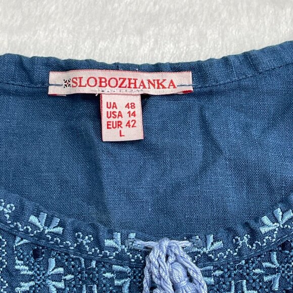 Slobozhanka Embroidered Chambray Top Size Large USA 14 Blue Tasseled Long Sleeve - Picture 4 of 7